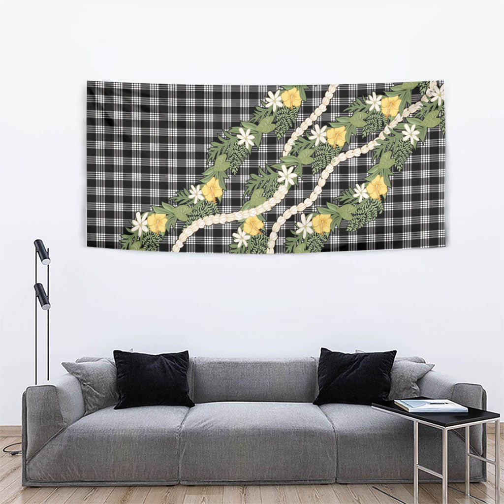 Aloha Puakenikeni Anthurium Pikake Lei Tapestry Black Hawaiian Palaka Pattern