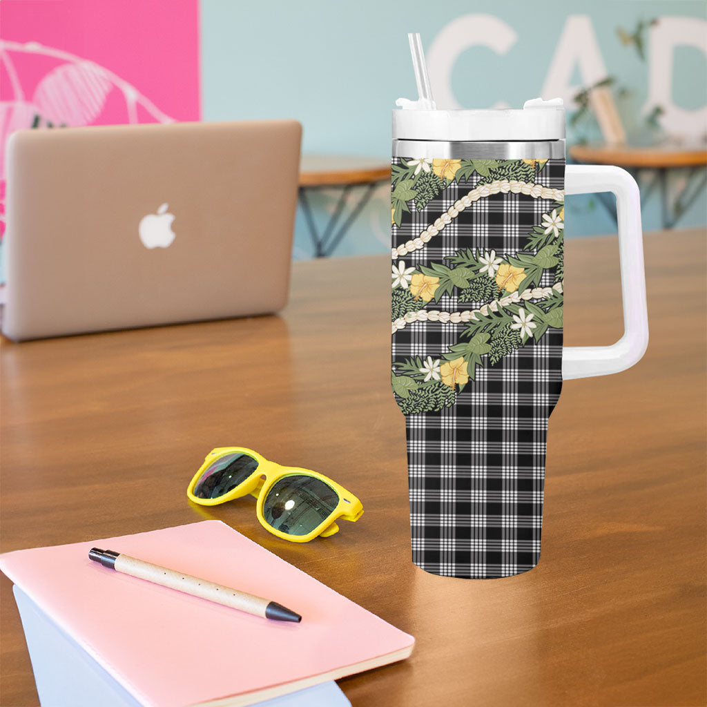 Aloha Puakenikeni Anthurium Pikake Lei Tumbler With Handle Black Hawaiian Palaka Pattern