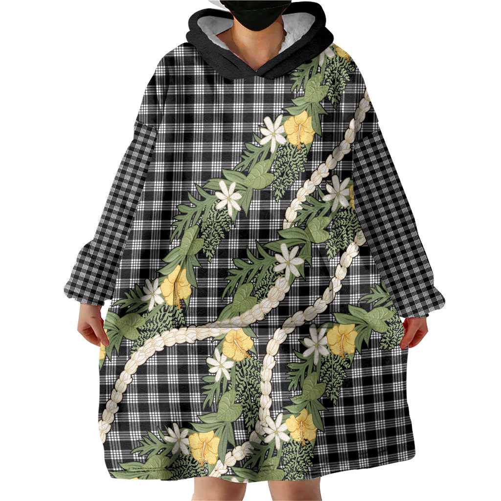 Aloha Puakenikeni Anthurium Pikake Lei Wearable Blanket Hoodie Black Hawaiian Palaka Pattern