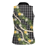 Aloha Puakenikeni Anthurium Pikake Lei Women Sleeveless Polo Shirt Black Hawaiian Palaka Pattern LT9 - Polynesian Pride