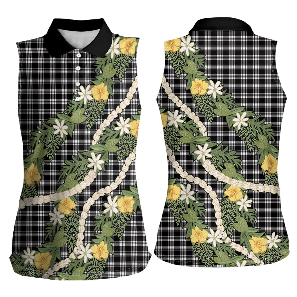 Aloha Puakenikeni Anthurium Pikake Lei Women Sleeveless Polo Shirt Black Hawaiian Palaka Pattern LT9 - Polynesian Pride