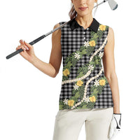 Aloha Puakenikeni Anthurium Pikake Lei Women Sleeveless Polo Shirt Black Hawaiian Palaka Pattern LT9 - Polynesian Pride