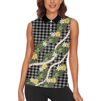 Aloha Puakenikeni Anthurium Pikake Lei Women Sleeveless Polo Shirt Black Hawaiian Palaka Pattern LT9 - Polynesian Pride