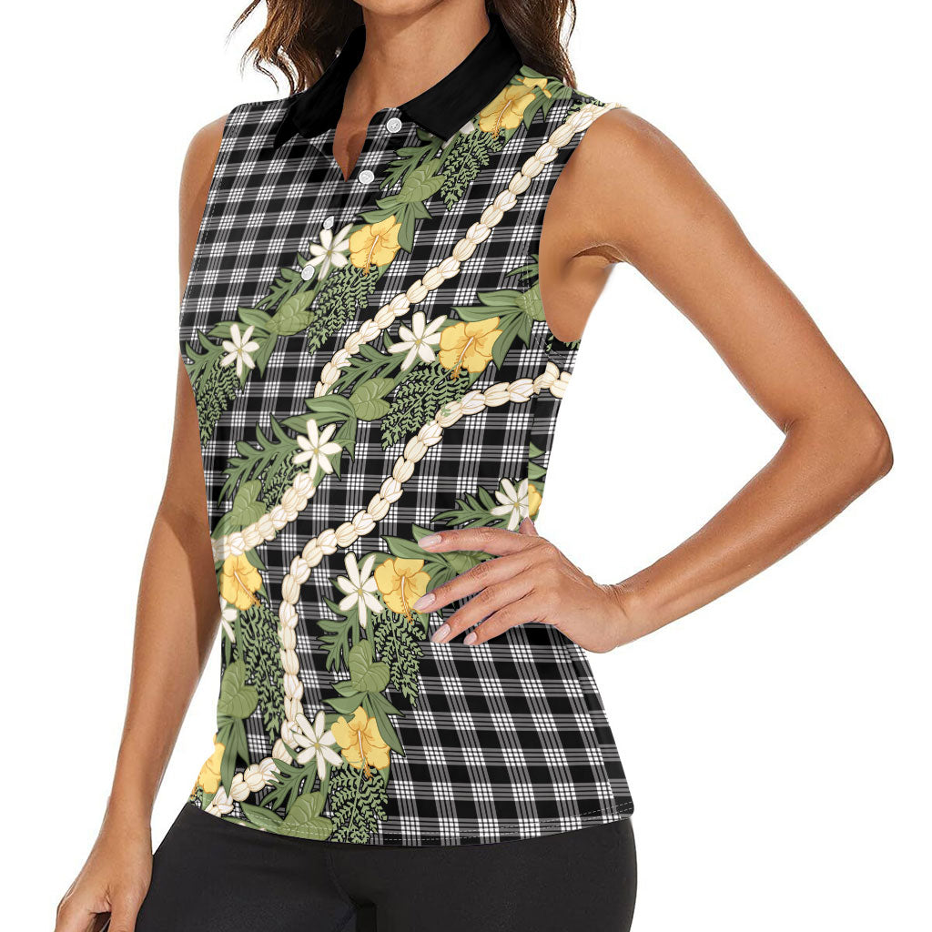 Aloha Puakenikeni Anthurium Pikake Lei Women Sleeveless Polo Shirt Black Hawaiian Palaka Pattern LT9 - Polynesian Pride