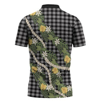 Aloha Puakenikeni Anthurium Pikake Lei Zipper Polo Shirt Black Hawaiian Palaka Pattern