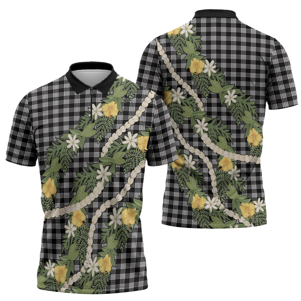 Aloha Puakenikeni Anthurium Pikake Lei Zipper Polo Shirt Black Hawaiian Palaka Pattern