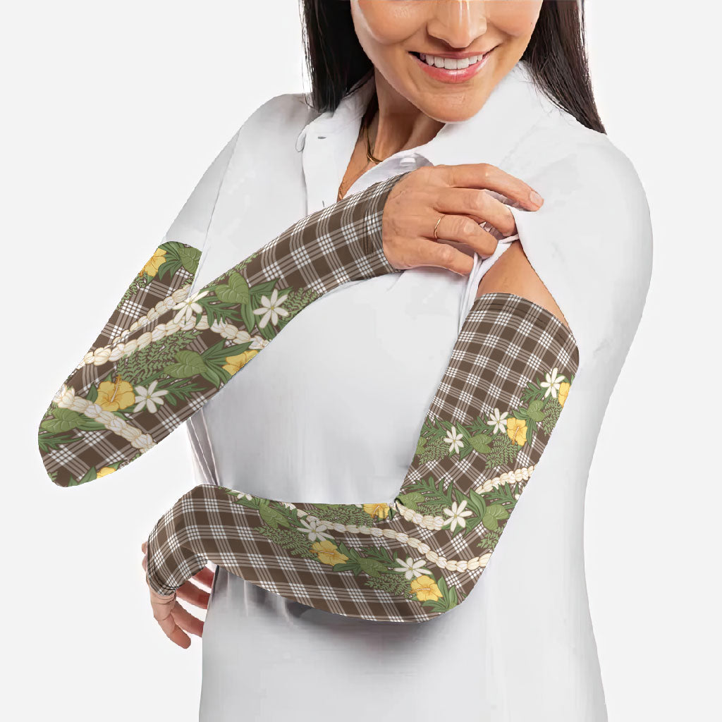 Aloha Puakenikeni Anthurium Pikake Lei Arm Sleeves Chocolate Hawaiian Palaka Pattern LT9 - Polynesian Pride
