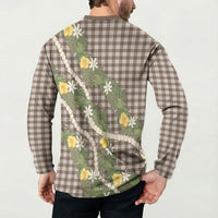 Aloha Puakenikeni Anthurium Pikake Lei Button Sweatshirt Chocolate Hawaiian Palaka Pattern