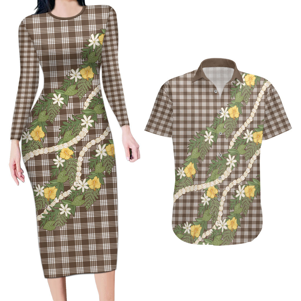 Aloha Puakenikeni Anthurium Pikake Lei Couples Matching Long Sleeve Bodycon Dress and Hawaiian Shirt Chocolate Hawaiian Palaka Pattern LT9 Chocolate - Polynesian Pride