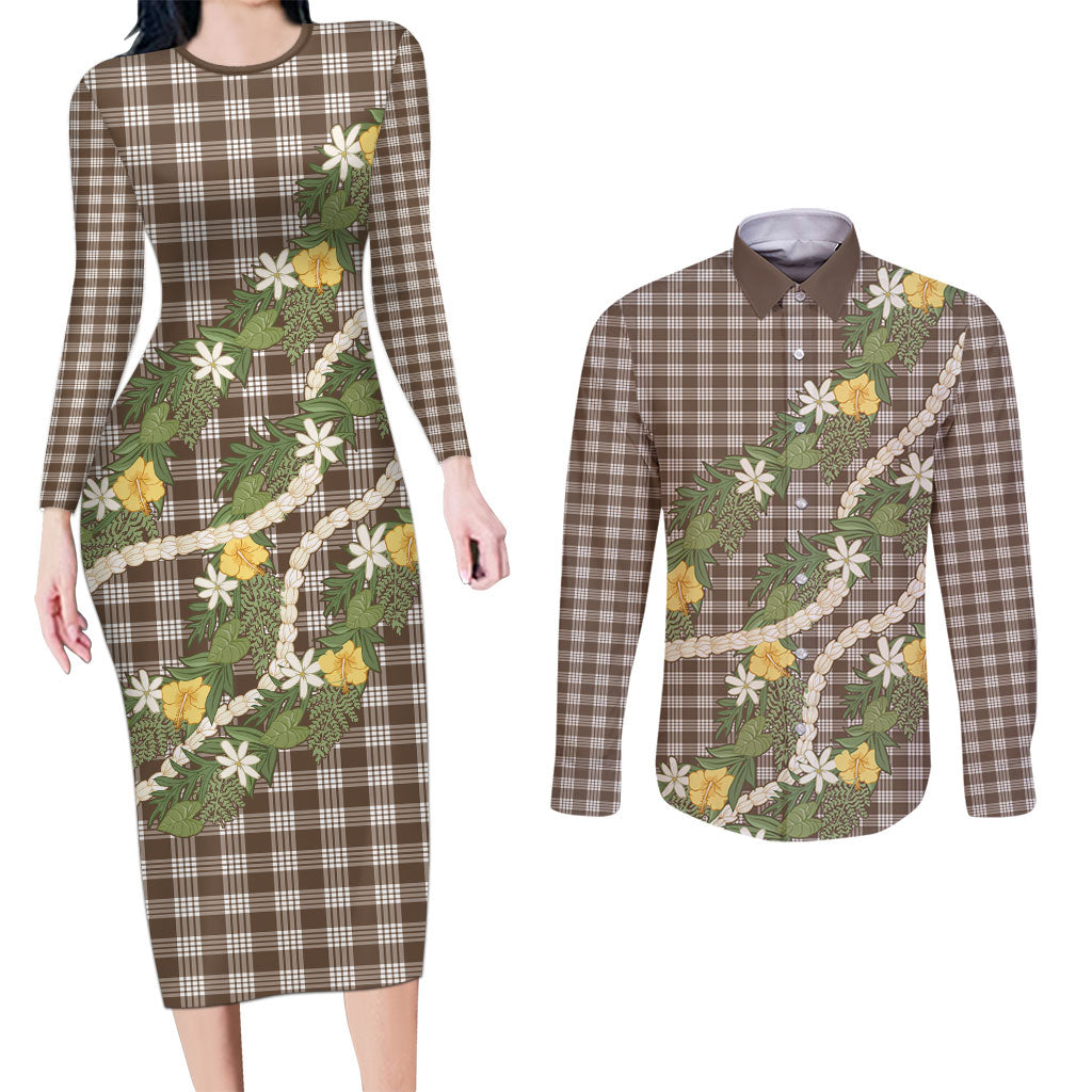 Aloha Puakenikeni Anthurium Pikake Lei Couples Matching Long Sleeve Bodycon Dress and Long Sleeve Button Shirt Chocolate Hawaiian Palaka Pattern LT9 Chocolate - Polynesian Pride