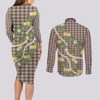 Aloha Puakenikeni Anthurium Pikake Lei Couples Matching Long Sleeve Bodycon Dress and Long Sleeve Button Shirt Chocolate Hawaiian Palaka Pattern LT9 - Polynesian Pride