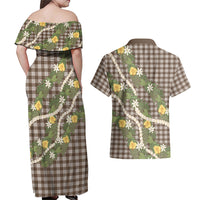 Aloha Puakenikeni Anthurium Pikake Lei Couples Matching Off Shoulder Maxi Dress and Hawaiian Shirt Chocolate Hawaiian Palaka Pattern LT9 - Polynesian Pride