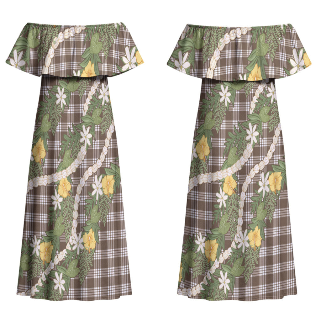 Aloha Puakenikeni Anthurium Pikake Lei Couples Matching Off Shoulder Maxi Dress and Long Sleeve Button Shirt Chocolate Hawaiian Palaka Pattern LT9 - Polynesian Pride
