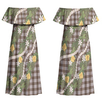 Aloha Puakenikeni Anthurium Pikake Lei Couples Matching Off Shoulder Maxi Dress and Long Sleeve Button Shirt Chocolate Hawaiian Palaka Pattern LT9 - Polynesian Pride
