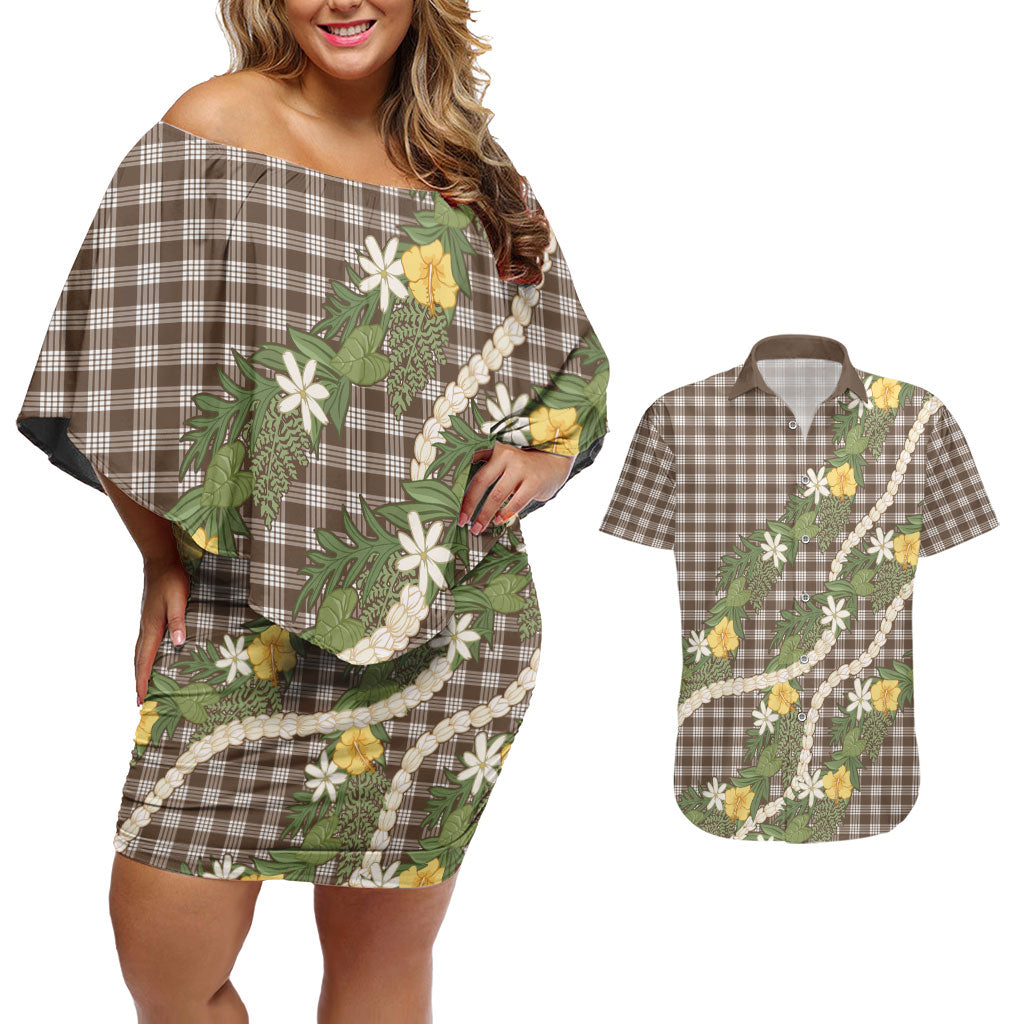 Aloha Puakenikeni Anthurium Pikake Lei Couples Matching Off Shoulder Short Dress and Hawaiian Shirt Chocolate Hawaiian Palaka Pattern LT9 Chocolate - Polynesian Pride