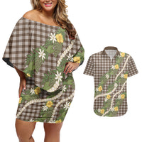 Aloha Puakenikeni Anthurium Pikake Lei Couples Matching Off Shoulder Short Dress and Hawaiian Shirt Chocolate Hawaiian Palaka Pattern LT9 Chocolate - Polynesian Pride