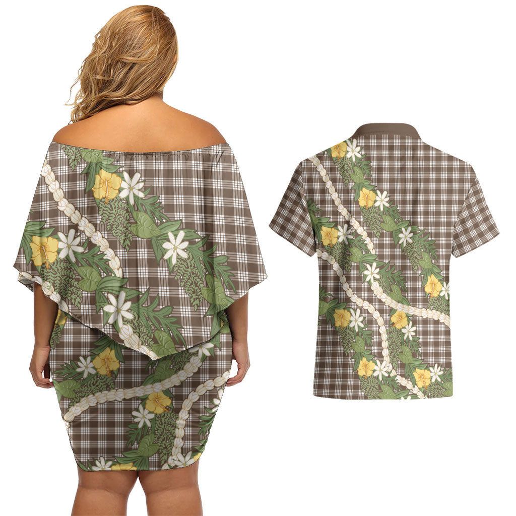 Aloha Puakenikeni Anthurium Pikake Lei Couples Matching Off Shoulder Short Dress and Hawaiian Shirt Chocolate Hawaiian Palaka Pattern LT9 - Polynesian Pride
