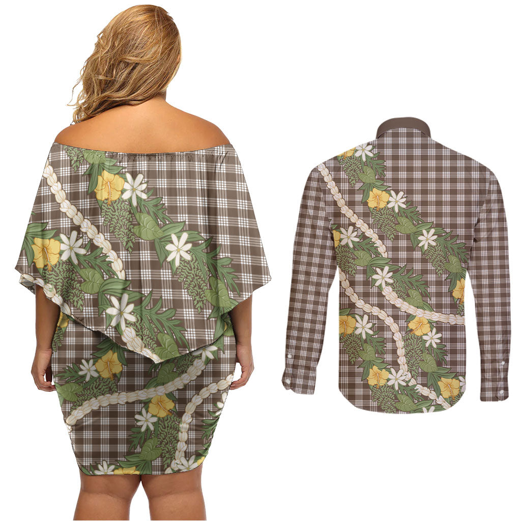 Aloha Puakenikeni Anthurium Pikake Lei Couples Matching Off Shoulder Short Dress and Long Sleeve Button Shirt Chocolate Hawaiian Palaka Pattern LT9 - Polynesian Pride