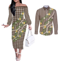 Aloha Puakenikeni Anthurium Pikake Lei Couples Matching Off The Shoulder Long Sleeve Dress and Long Sleeve Button Shirt Chocolate Hawaiian Palaka Pattern LT9 Chocolate - Polynesian Pride