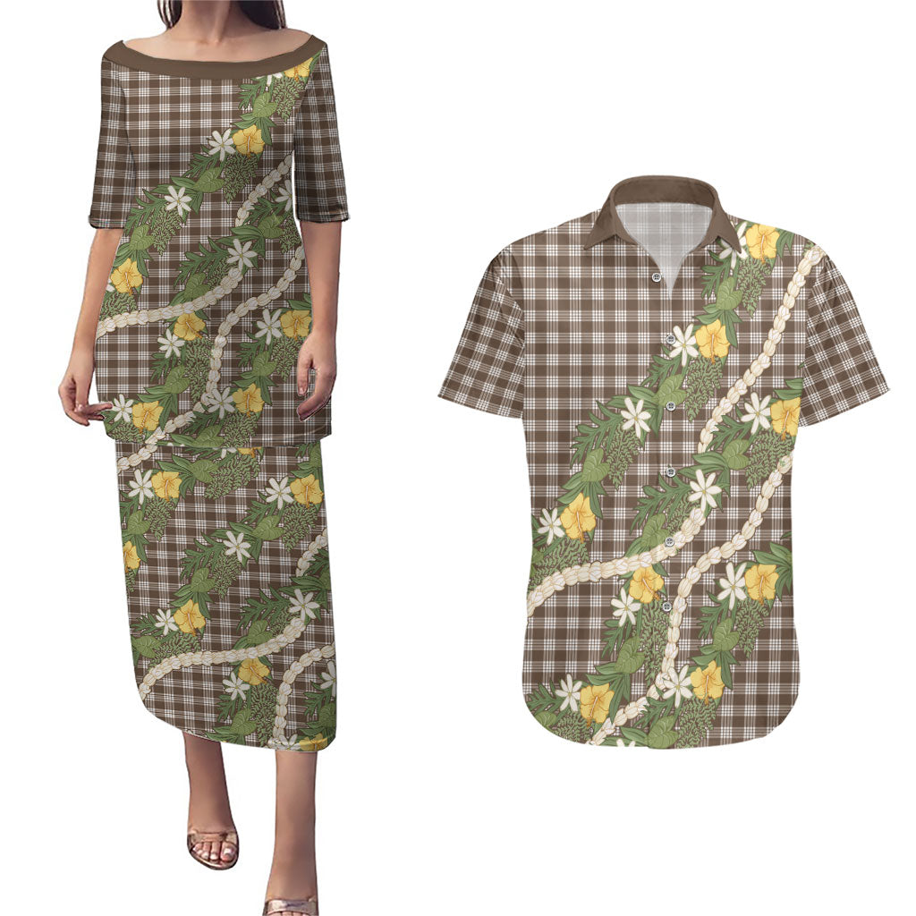 Aloha Puakenikeni Anthurium Pikake Lei Couples Matching Puletasi and Hawaiian Shirt Chocolate Hawaiian Palaka Pattern LT9 Chocolate - Polynesian Pride