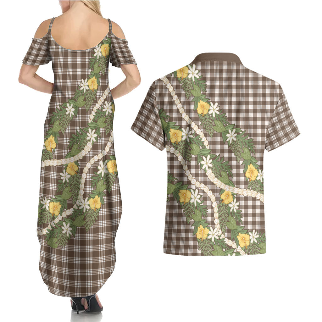 Aloha Puakenikeni Anthurium Pikake Lei Couples Matching Summer Maxi Dress and Hawaiian Shirt Chocolate Hawaiian Palaka Pattern LT9 - Polynesian Pride