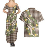 Aloha Puakenikeni Anthurium Pikake Lei Couples Matching Summer Maxi Dress and Hawaiian Shirt Chocolate Hawaiian Palaka Pattern LT9 - Polynesian Pride