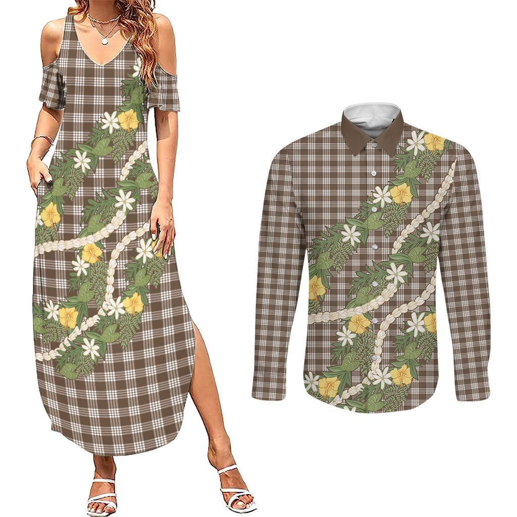 Aloha Puakenikeni Anthurium Pikake Lei Couples Matching Summer Maxi Dress and Long Sleeve Button Shirt Chocolate Hawaiian Palaka Pattern