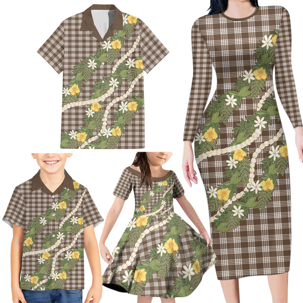 Aloha Puakenikeni Anthurium Pikake Lei Family Matching Long Sleeve Bodycon Dress and Hawaiian Shirt Chocolate Hawaiian Palaka Pattern LT9 - Polynesian Pride