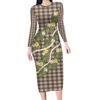 Aloha Puakenikeni Anthurium Pikake Lei Family Matching Long Sleeve Bodycon Dress and Hawaiian Shirt Chocolate Hawaiian Palaka Pattern LT9 Mom's Dress Chocolate - Polynesian Pride