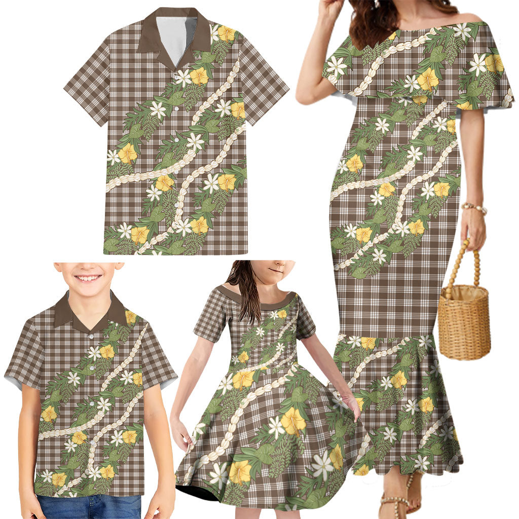 Aloha Puakenikeni Anthurium Pikake Lei Family Matching Mermaid Dress and Hawaiian Shirt Chocolate Hawaiian Palaka Pattern LT9 - Polynesian Pride