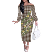 Aloha Puakenikeni Anthurium Pikake Lei Family Matching Off The Shoulder Long Sleeve Dress and Hawaiian Shirt Chocolate Hawaiian Palaka Pattern LT9 Mom's Dress Chocolate - Polynesian Pride