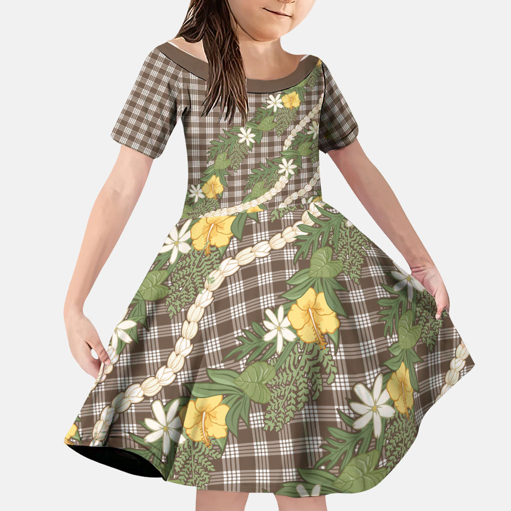 Aloha Puakenikeni Anthurium Pikake Lei Family Matching Off Shoulder Short Dress and Hawaiian Shirt Chocolate Hawaiian Palaka Pattern LT9 Daughter's Dress Chocolate - Polynesian Pride