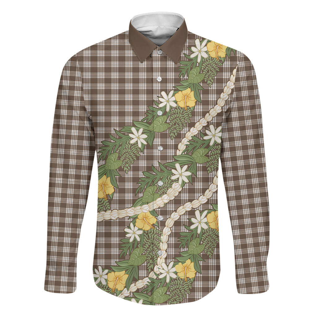 Aloha Puakenikeni Anthurium Pikake Lei Family Matching Summer Maxi Dress and Hawaiian Shirt Chocolate Hawaiian Palaka Pattern LT9 Dad's Shirt - Long Sleeve Chocolate - Polynesian Pride