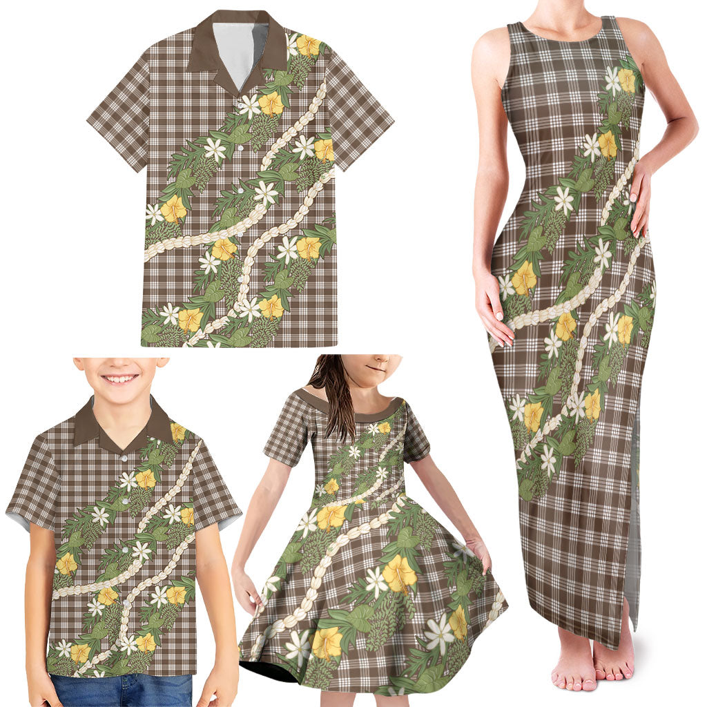 Aloha Puakenikeni Anthurium Pikake Lei Family Matching Tank Maxi Dress and Hawaiian Shirt Chocolate Hawaiian Palaka Pattern LT9 - Polynesian Pride