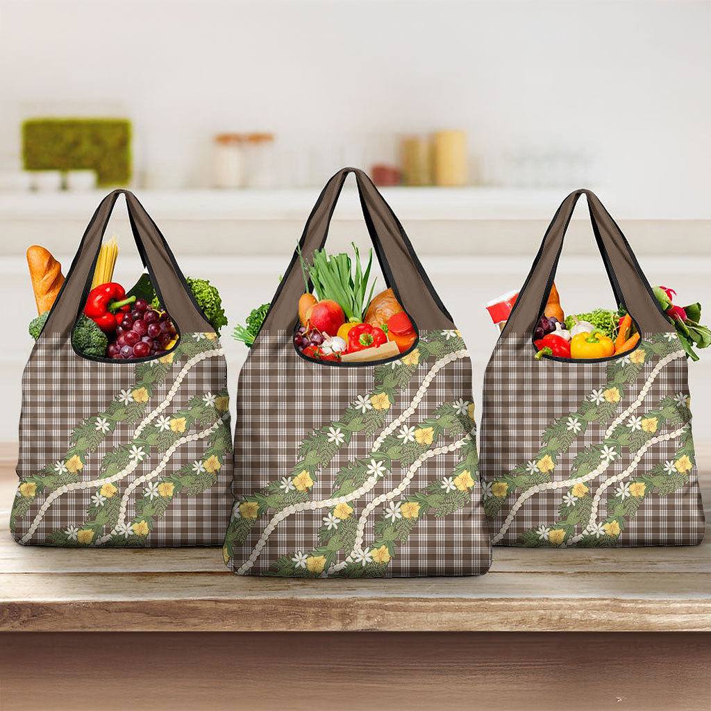 Aloha Puakenikeni Anthurium Pikake Lei Grocery Bag Chocolate Hawaiian Palaka Pattern