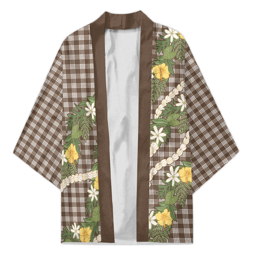 Aloha Puakenikeni Anthurium Pikake Lei Kimono Chocolate Hawaiian Palaka Pattern