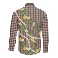 Aloha Puakenikeni Anthurium Pikake Lei Long Sleeve Button Shirt Chocolate Hawaiian Palaka Pattern