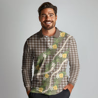 Aloha Puakenikeni Anthurium Pikake Lei Long Sleeve Polo Shirt Chocolate Hawaiian Palaka Pattern