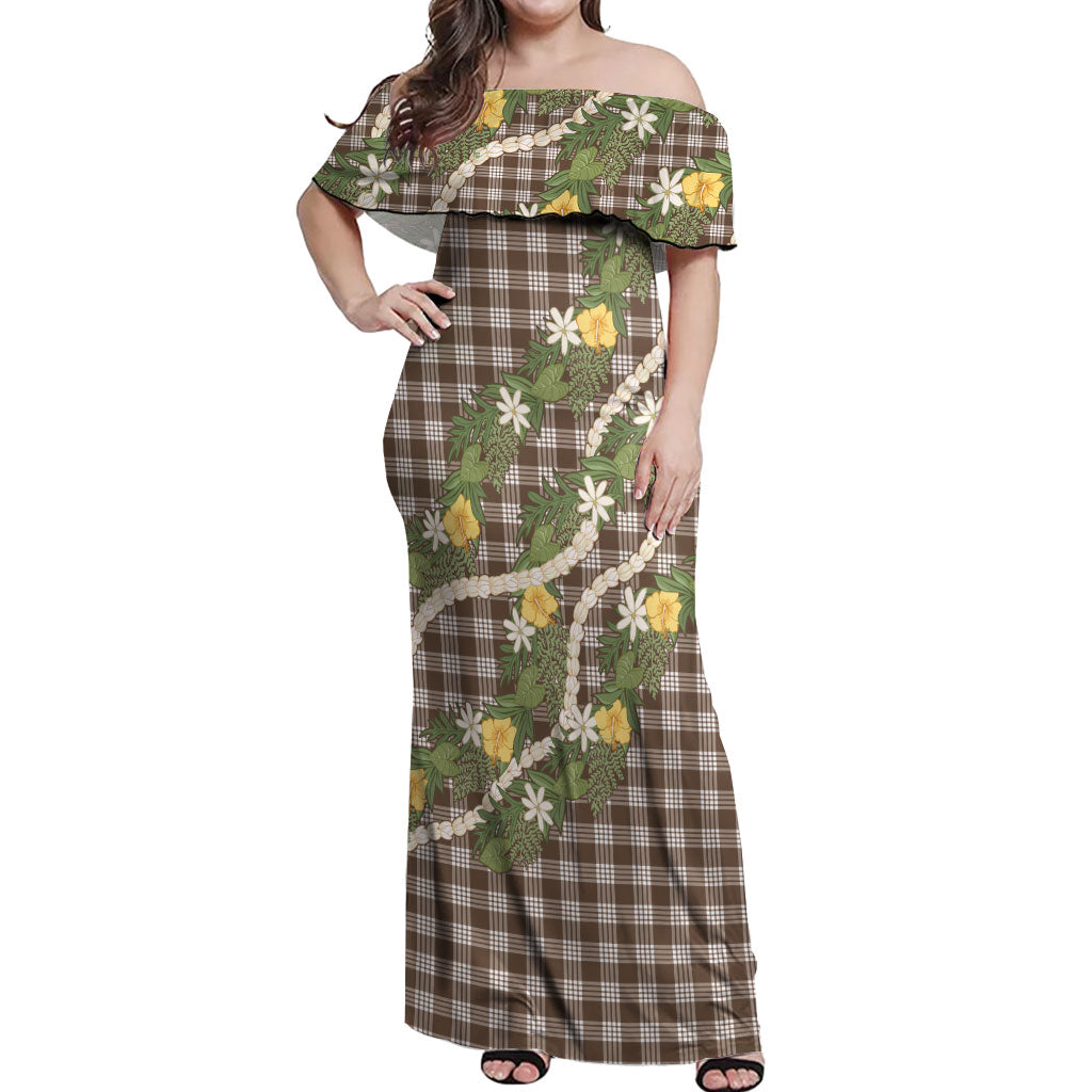 Aloha Puakenikeni Anthurium Pikake Lei Off Shoulder Maxi Dress Chocolate Hawaiian Palaka Pattern