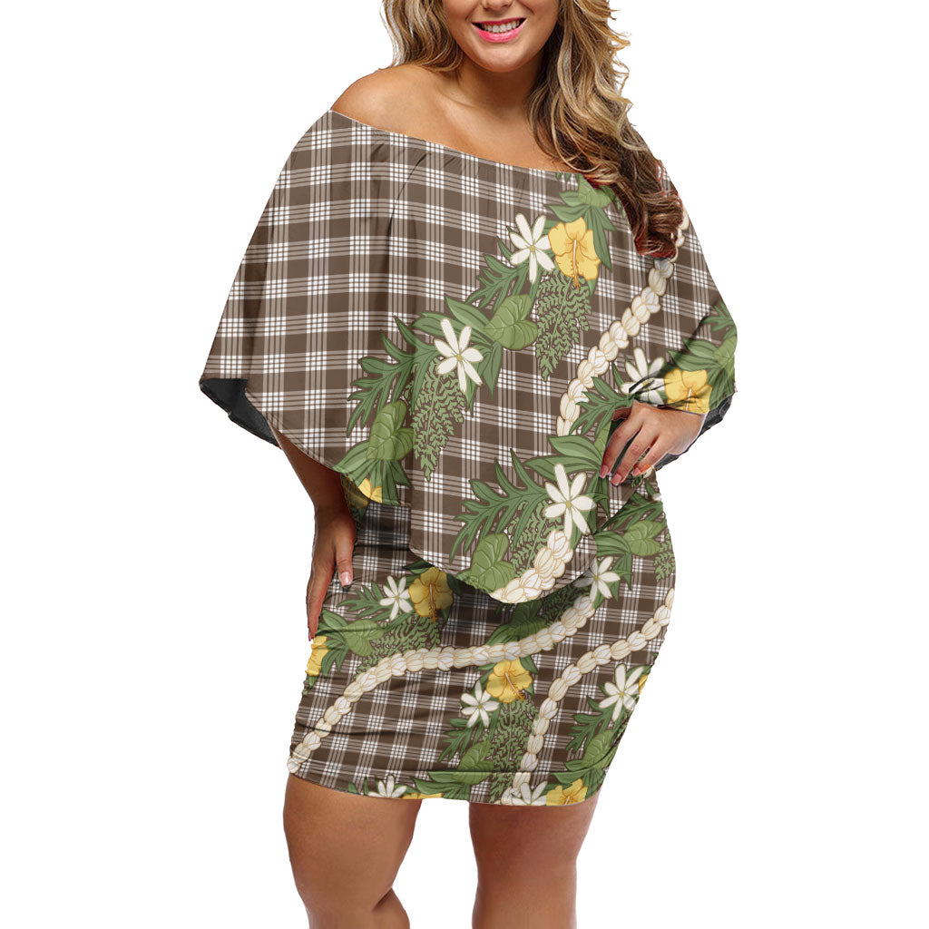 Aloha Puakenikeni Anthurium Pikake Lei Off Shoulder Short Dress Chocolate Hawaiian Palaka Pattern
