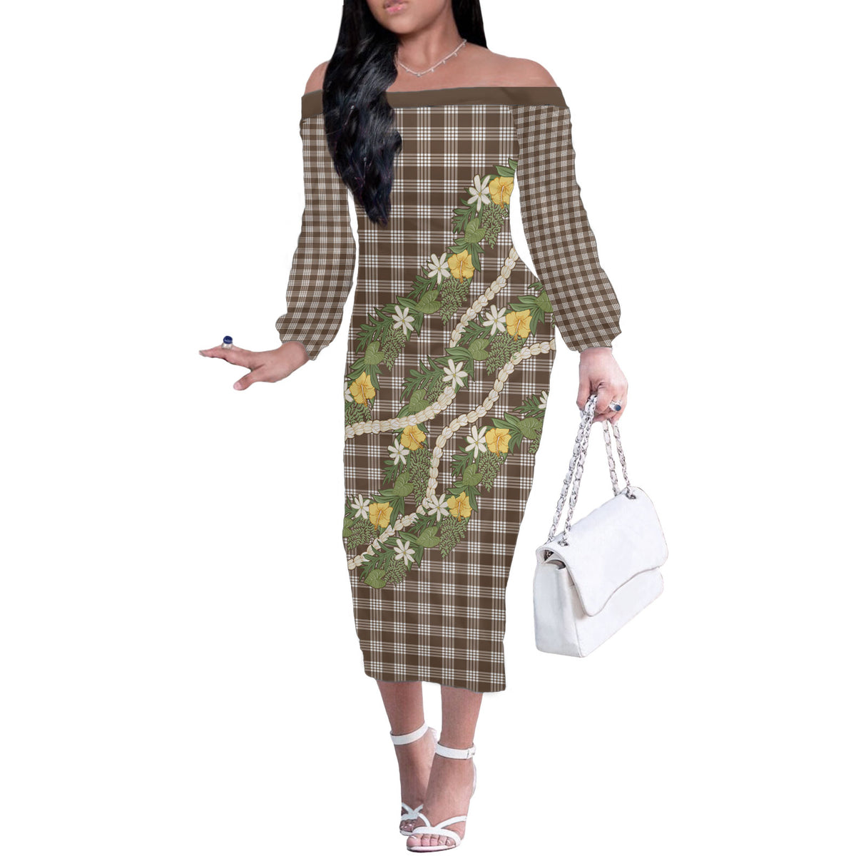 Aloha Puakenikeni Anthurium Pikake Lei Off The Shoulder Long Sleeve Dress Chocolate Hawaiian Palaka Pattern