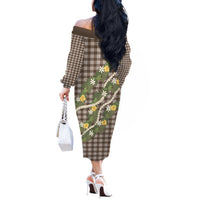 Aloha Puakenikeni Anthurium Pikake Lei Off The Shoulder Long Sleeve Dress Chocolate Hawaiian Palaka Pattern