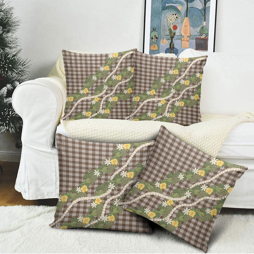 Aloha Puakenikeni Anthurium Pikake Lei Pillow Cover Chocolate Hawaiian Palaka Pattern LT9 - Polynesian Pride