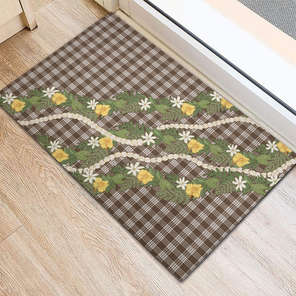 Aloha Puakenikeni Anthurium Pikake Lei Rubber Doormat Chocolate Hawaiian Palaka Pattern