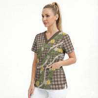 Aloha Puakenikeni Anthurium Pikake Lei Scrub Top Chocolate Hawaiian Palaka Pattern