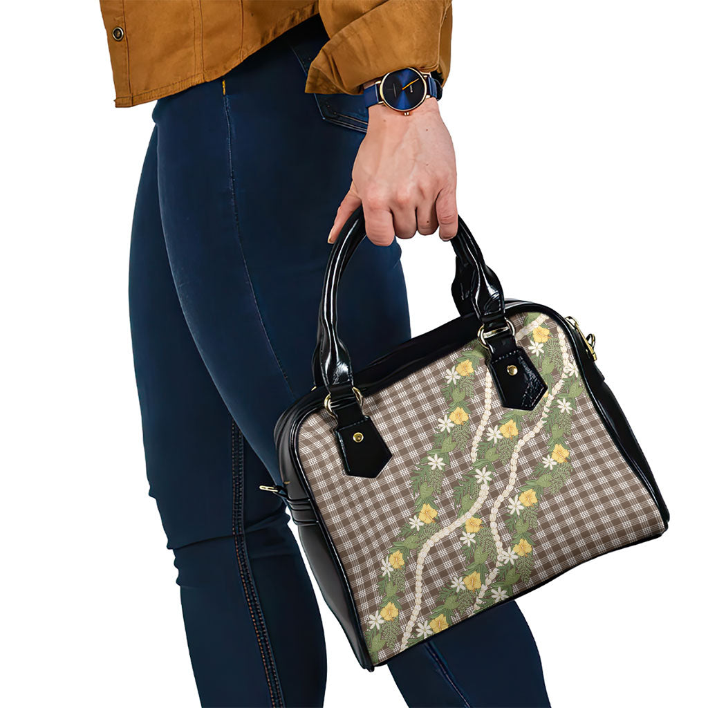 Aloha Puakenikeni Anthurium Pikake Lei Shoulder Handbag Chocolate Hawaiian Palaka Pattern