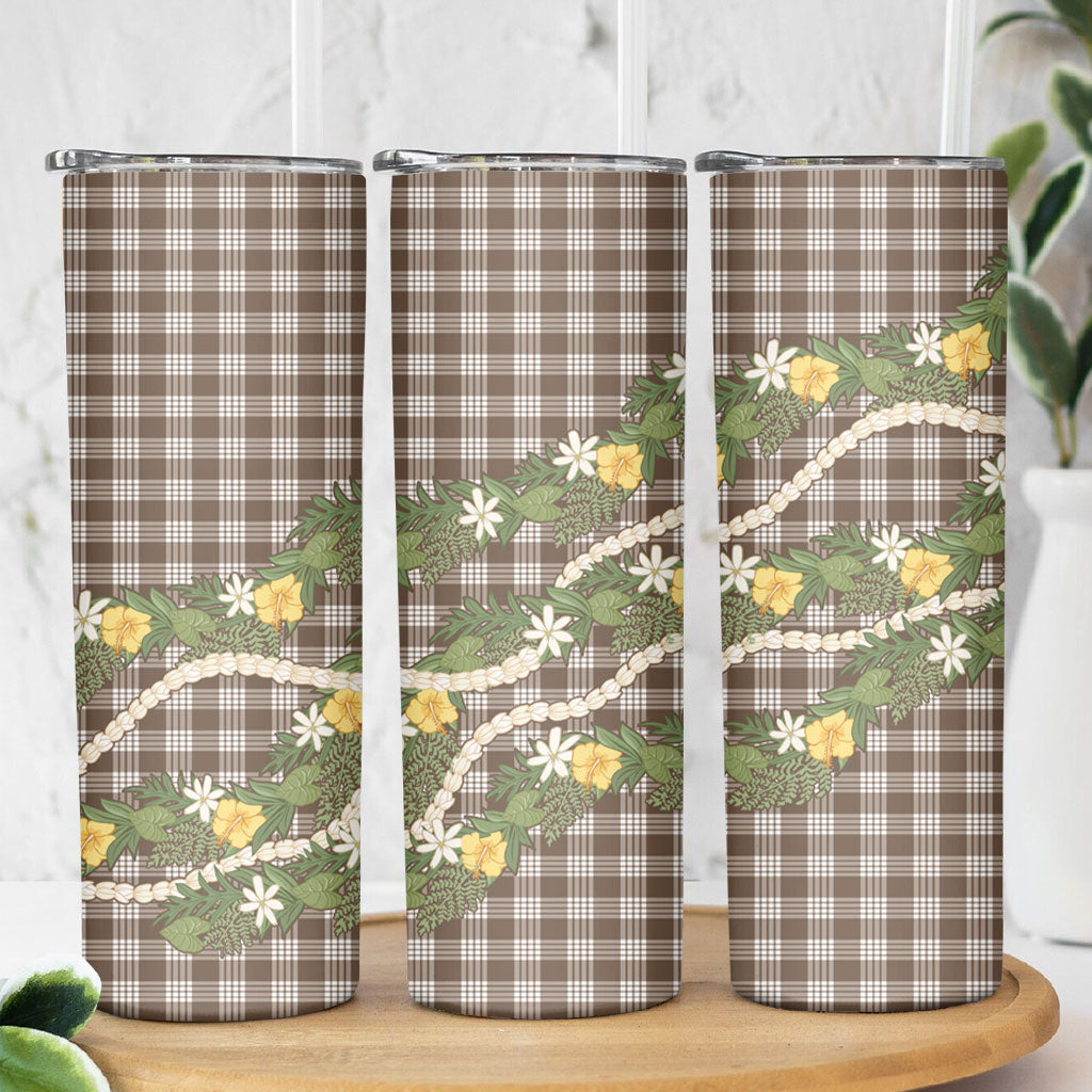 Aloha Puakenikeni Anthurium Pikake Lei Skinny Tumbler Chocolate Hawaiian Palaka Pattern LT9 - Polynesian Pride