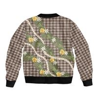 Aloha Puakenikeni Anthurium Pikake Lei Sleeve Zip Bomber Jacket Chocolate Hawaiian Palaka Pattern