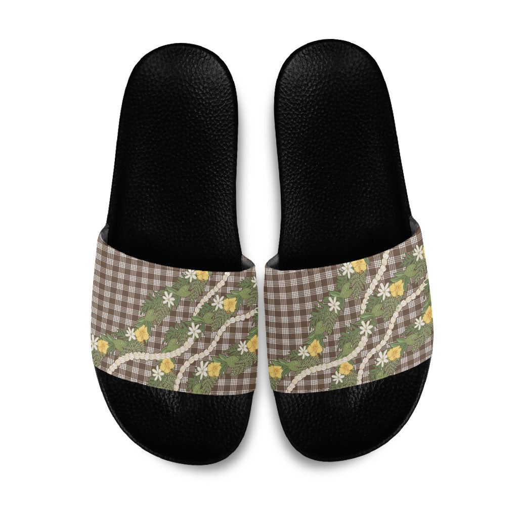 Aloha Puakenikeni Anthurium Pikake Lei Slide Sandals Chocolate Hawaiian Palaka Pattern