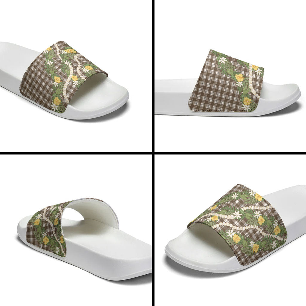 Aloha Puakenikeni Anthurium Pikake Lei Slide Sandals Chocolate Hawaiian Palaka Pattern